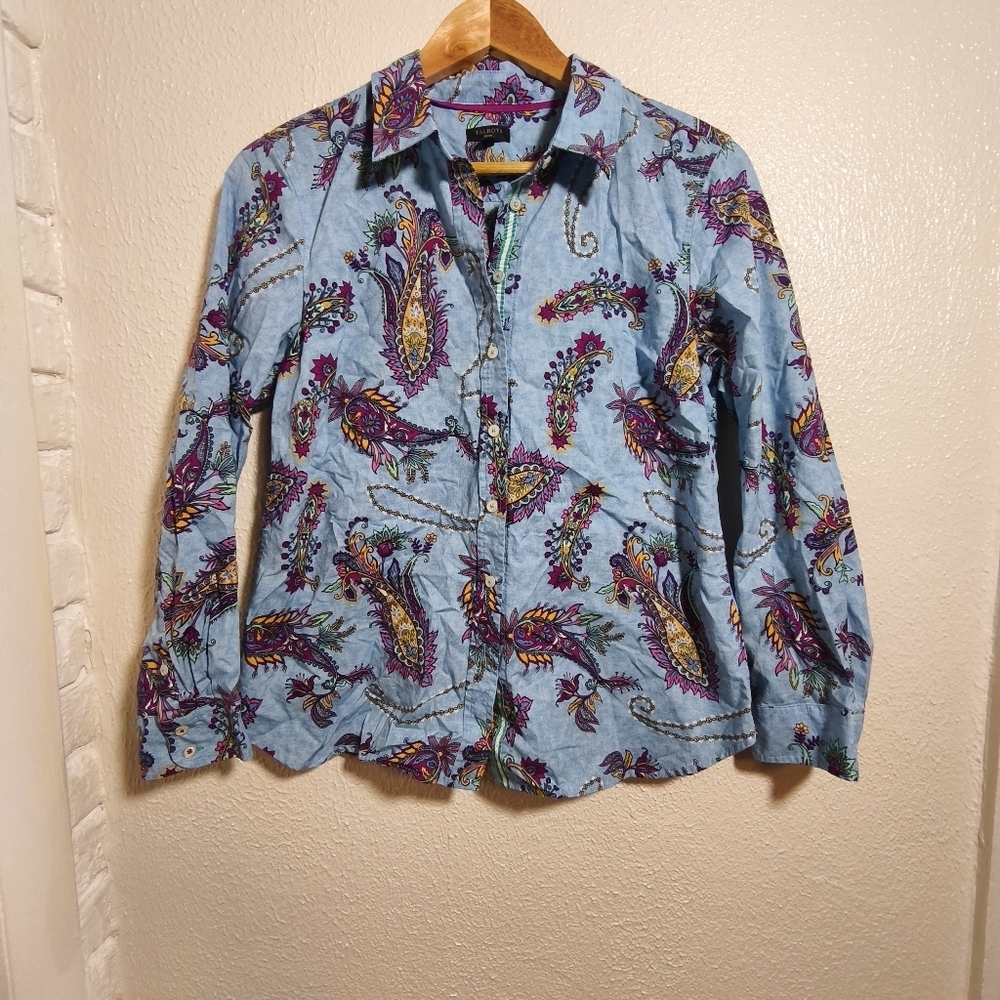 Talbots 100% Cotton Button Down Swirly Paisley Shirt sz PM Purple Blue